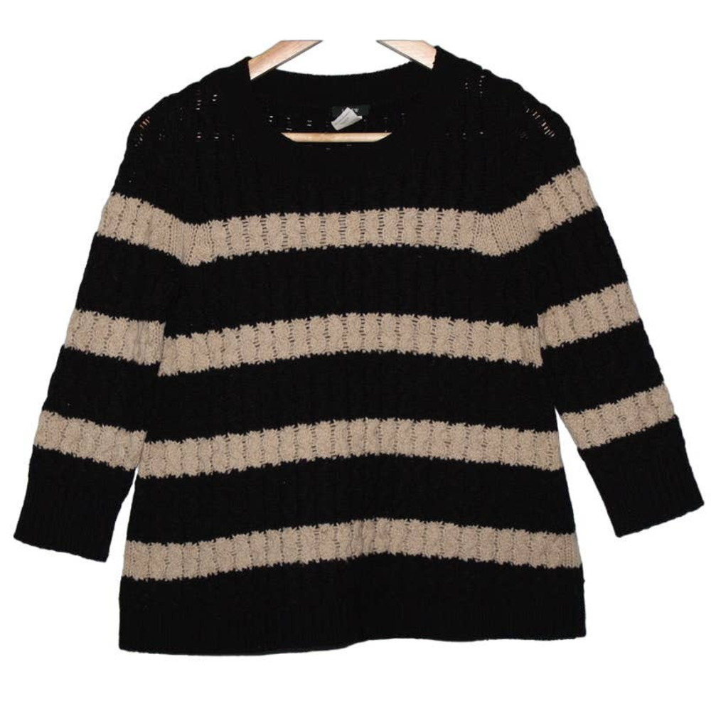Women's J. Crew Black Tan Merino Wool Knit Crewneck 3/4 Sleeve Sweater Size XXS